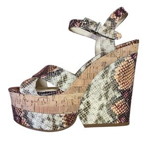Jessica Simpson Jirie Heights‎ Snakeskin Brown Platform Wedge Sandals Sz9